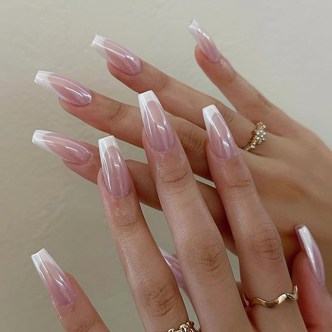 Pearlescent Press on Nails Medium, Glazed White French Fake Nails Coffin Chrome Acrylic Press Ons for Women, Natural Fit Full Cover Glue on Nails in 12 Sizes - 24 Pieces Nail Kit