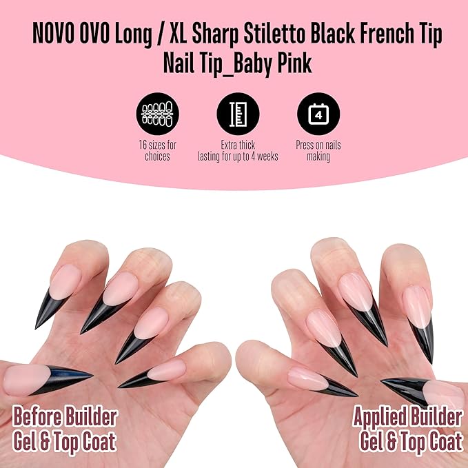 NOVO OVO Black French Tip Long XL Sharp Stiletto Nail Tips Press on BABY PINK, Soft Gel Double Matte Fake Nail Extension, Full Cover False Nails for Acrylic DIY x 16 Sizes 160 pcs