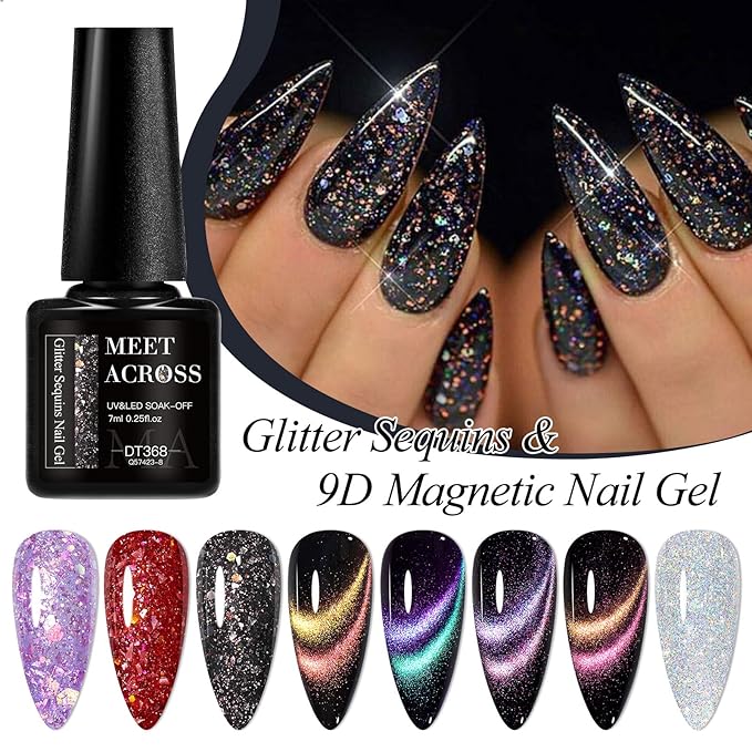 MEET ACROSS 8pcs Gel Nail Polish Set, Soak off UV LED Lamp Gel Nail Polish Cat Eye Set Home Gel Manicure Kit 7ml (Starburst Glitter + 9D Cat Eye Gel)