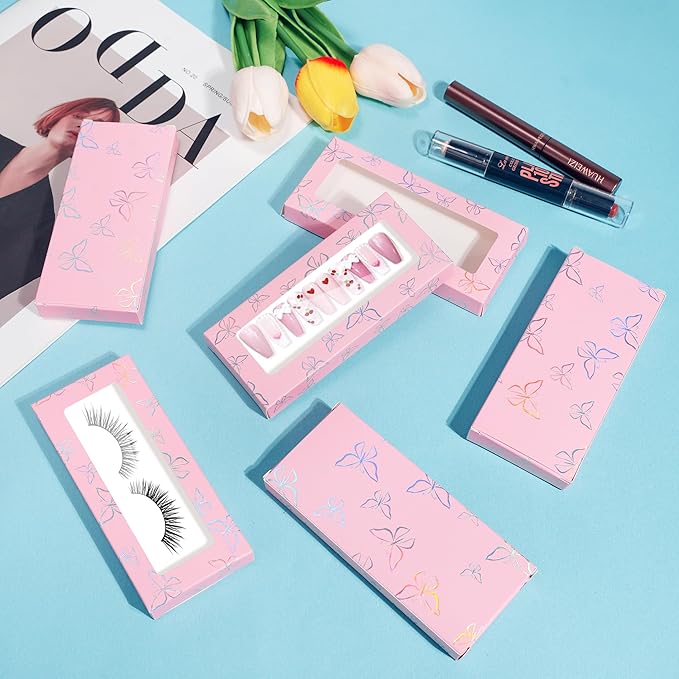 74PCS Press on Nails Packaging Box Set Includes 35PCS Empty Nail Package Box 35PCS White Background Paper 1 Double Sided Tape and 3 Thank You Stickers for Press on Nail Business