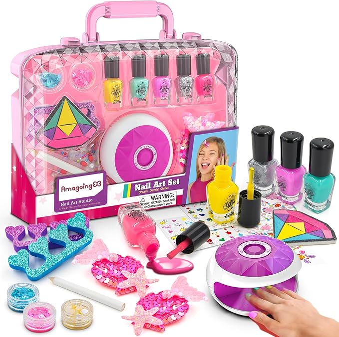Amagoing Kids Nail Polish Set for Girls, All-in-One Nail Art Kit with Storage Box Ages 6-8, Non Toxic Peelable Nail Polish, Nail Dryer, Hair Clip, Girl Makeup Case Toys Birthday Gift for 5 6 7 8 9