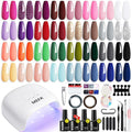 MEFA 60 Pcs Gel Nail Polish Kit with U V Light, 32 Colors Popular Soak Off Nude Pink Red Gel Polish Nail Set with Matte/Glossy Gel Top Base Coat Manicure Tools Nail Art Decorations DIY Salon