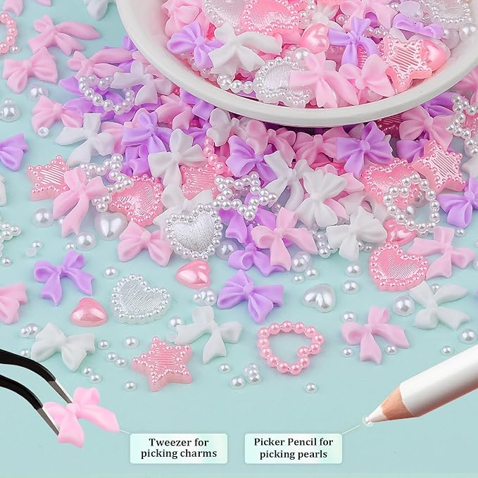 600 Pcs 3D Nail Charms and Flatback Pearls Set 10, Pink&White&Lilac Nail Bows + Pink&White Star Heart Cute Nail Jewels + 2-4mm White Nail Pearls for Nail Art DIY Decoration with Pickup Tools