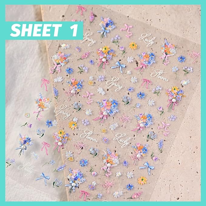 Spring Bouquet Nail Art Stickers, Flower Floral Rhinestone Spring Summer Nail Decals Design, Self-Adhesive, Nail Accessories & Supplies 3 Sheets