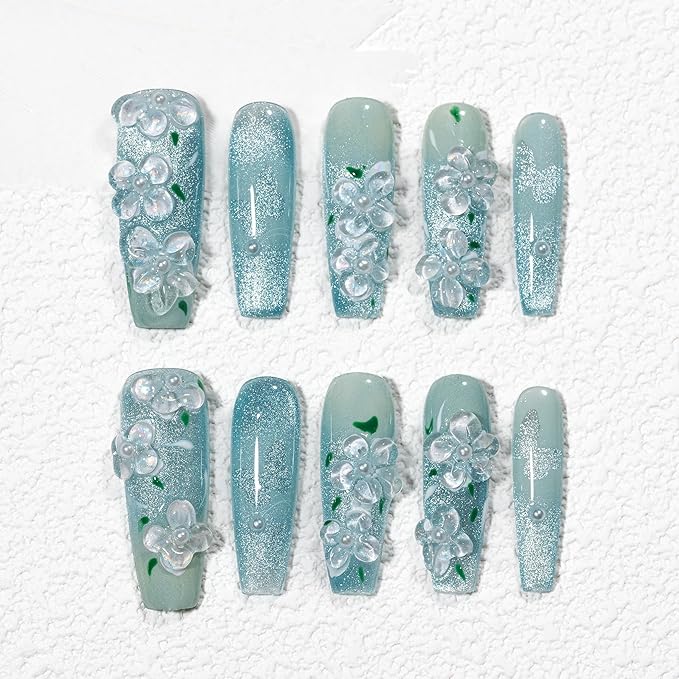 Sun&Beam Nails Handmade Press-on Medium Long Coffin Ballerina Blue 3D Flower Minimalist Design Fashion False Nail Tips 10 Pcs Set (#245 M)