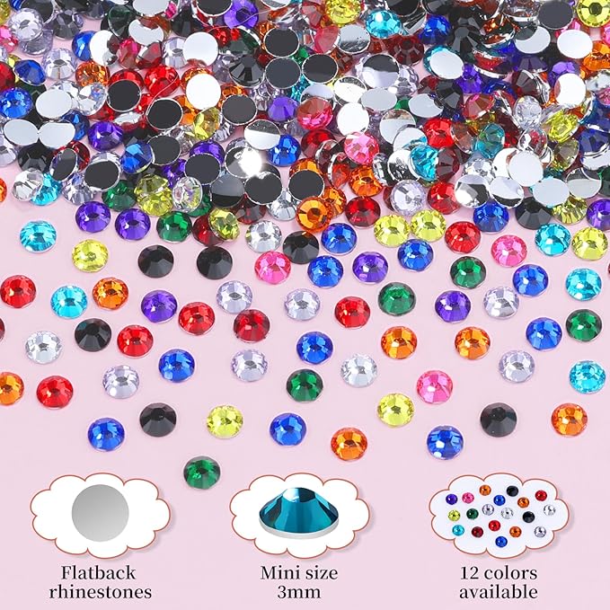 1800Pcs Small Resin Rhinestones for Nail Art, Colorful 3mm Bedazzling Flatback Crystals Nail Gems Nail Rhinestones with Pickup Tools for Manicure Decor Crafts DIY (7-K1-3mm-soild-color)