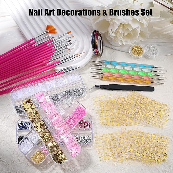 67 in 1 Nail Art Brushes Nail Art Kit,Brushes Dotting Pens with Striping Tape,Mini Metal Caviar Beads Ball,Rhinestones, Pearls,Metallic Foil Flakes,Sequins,Stickers Manicure Design Tools (Hot-pink)