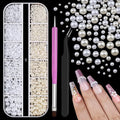 2100Pcs Flatback Nail Pearls Gems, 1.5-5mm White Beige Beads Half Round Nail Charms Beads with Pickup Pencil and Tweezers for Crafting Face Hair Manicure (11-K1-half-pearls-beige-white)