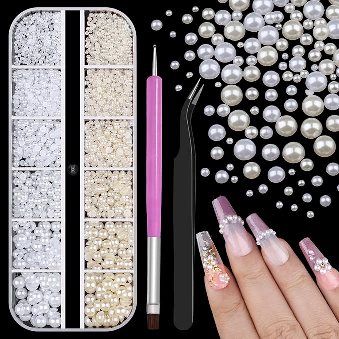 2100Pcs Flatback Nail Pearls Gems, 1.5-5mm White Beige Beads Half Round Nail Charms Beads with Pickup Pencil and Tweezers for Crafting Face Hair Manicure (11-K1-half-pearls-beige-white)