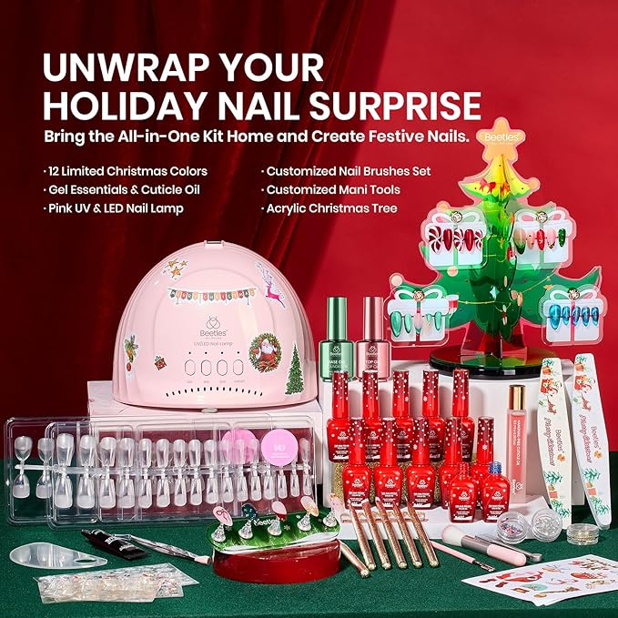 Beetles 67Pcs Gel Nail Polish Kit with U V Light - 12 Colors Valentine’s Day Gel Polish Set Red Jelly Cat Eye Pink Glitter Nail Kit with Acrylic Holder Display Manicure Gifts for Women Teen Girls