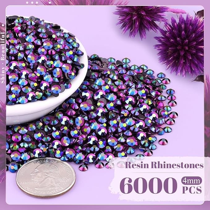 6000PCS 4mm Resin Jelly Rhinestones in Bulk (Purplish Black AB), Bedazzling Flatback Crystals Rhinestones for Crafting DIY Nail Decoration, Gems Diomand Charms for Tumbler Shoes Clothing Fabric
