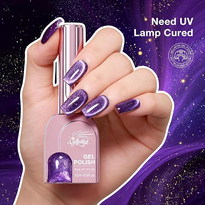 Purple Cat Eye Gel Nail Polish with Magnetic Stick - 12ML Glitter Magnetic Nail Polish for Multiple 3D Effects, Soak Off UV LED Gel Polish for DIY Manicure Salon Gifts for Women