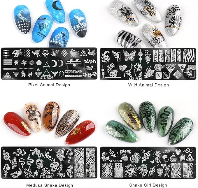 JERCLITY 8pcs Nail Stamping Plates Nail Stamping Kit Rose Fruit Animal Snake Image Plates Nail Art Design Template Print Nail Stamper Kit for Women