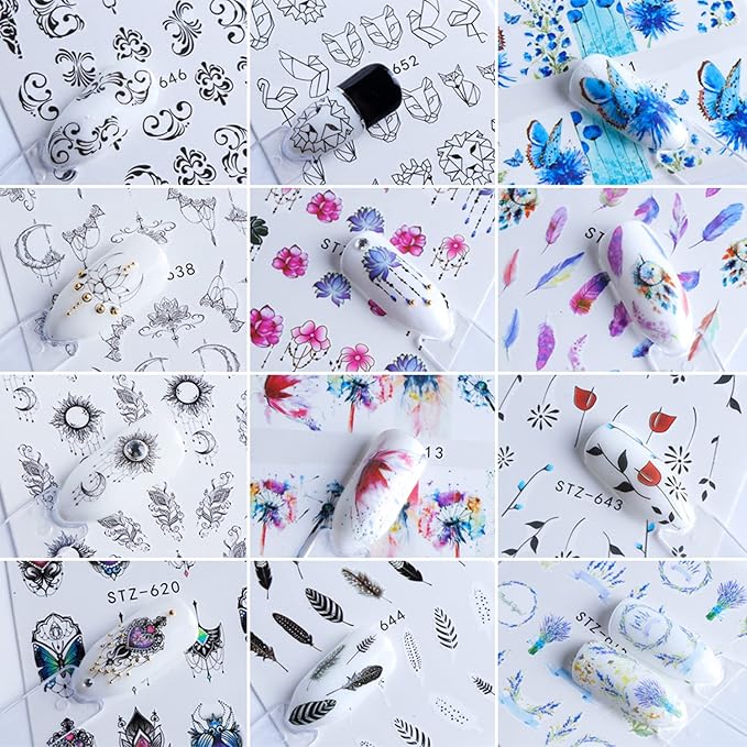 40 Sheets Nail Water Transfer Decals, Nail Art Stickers for Women, Holographic Flowers Pendant Necklace Butterfly Leaf Nail Designs Supplies, Acrylic Nails Decorations DIY Resin Nail Decal Tattoos Set