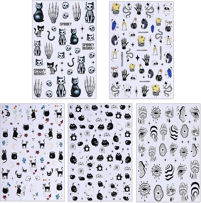 Halloween Skeleton Cat Nail Stickers, Black Cat Self-Adhesive 3D Nail Art Decals for DIY Magic Ball Manicure (5 Sheets)