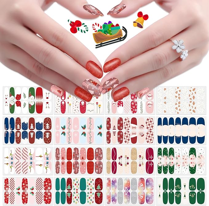 JERCLITY 224 Pieces 16 Sheets Christmas Nail Polish Strips Christmas Nail Wraps for Short Nails Christmas Tree Snowflake Snowman Gel Nail Strips Self-Adhesive Nail Stickers Full Nail Wraps for Women