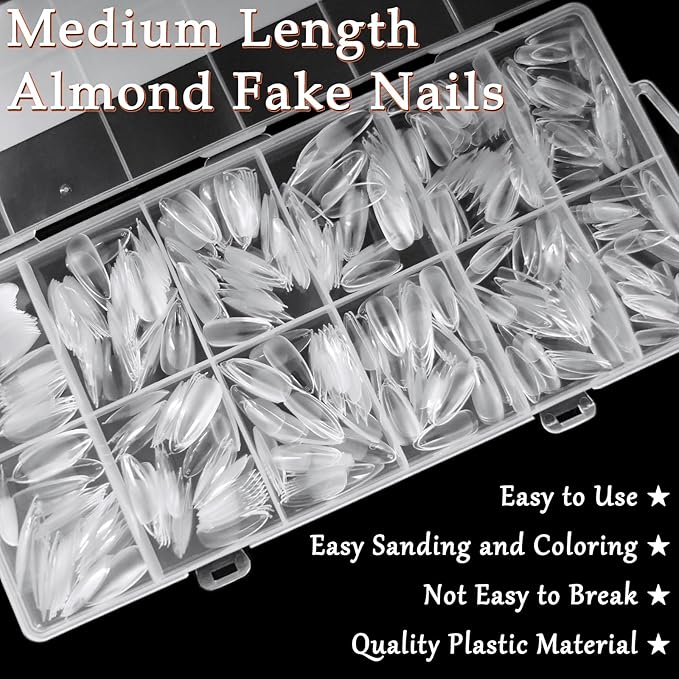 AddFavor 600pcs Almond Nail Tips Medium Fake Nails - Soft Gel Nail Tips Almond Shape Clear Acrylic Nails Tips for Nail Extensions, 12 Sizes Gel Nails Press ons Manicure Salon Home DIY