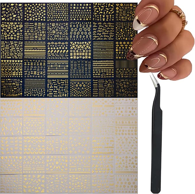 60 Sheets Gold Nail Stickers for Nail Art Gold Nail Art Stickers Decals More Than 2000 Design 3D Self-Adhesive Golden Nail Decals for Women Girls Salon Home DIY Manicure Nail Tweezers Included