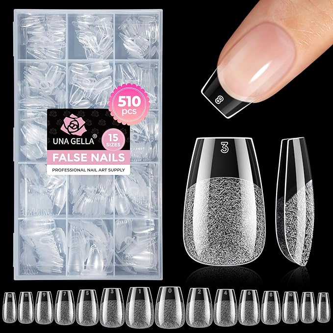 UNA GELLA Short Coffin Nails Tips: 510Pcs Soft Gel Nail Tips Coffin Acrylic Full Cover Short Coffin Press on Nails Pre-shaped Half Matte Clear False Nails For Nail Extensions Home DIY Salon 15 Sizes
