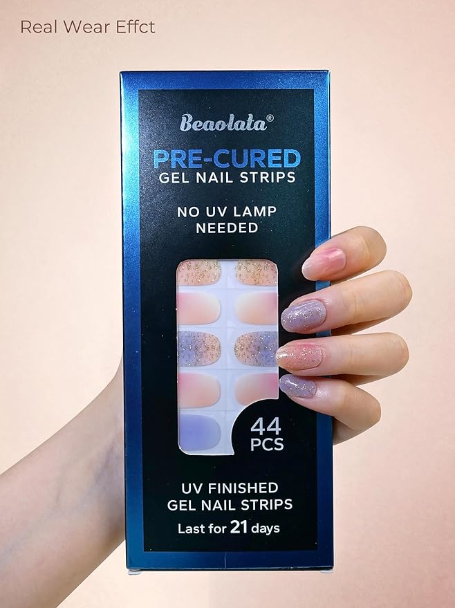 Pre Cured Gel Nail Strips - 44PCS Salon Quality Gel Nail Stickers - Long Lasting Polish Wraps for Women no UV Light Needed Easy Apply& Remove (Blush Blue）