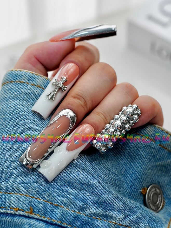 Euphrosyne Nude Ombre Coffin Fake Nails – 10pcs Extra Long Press Ons with Bold Rhinestone Chains & Star Dangles | Showstopper Glam Nails for Party, Stage, or Photos