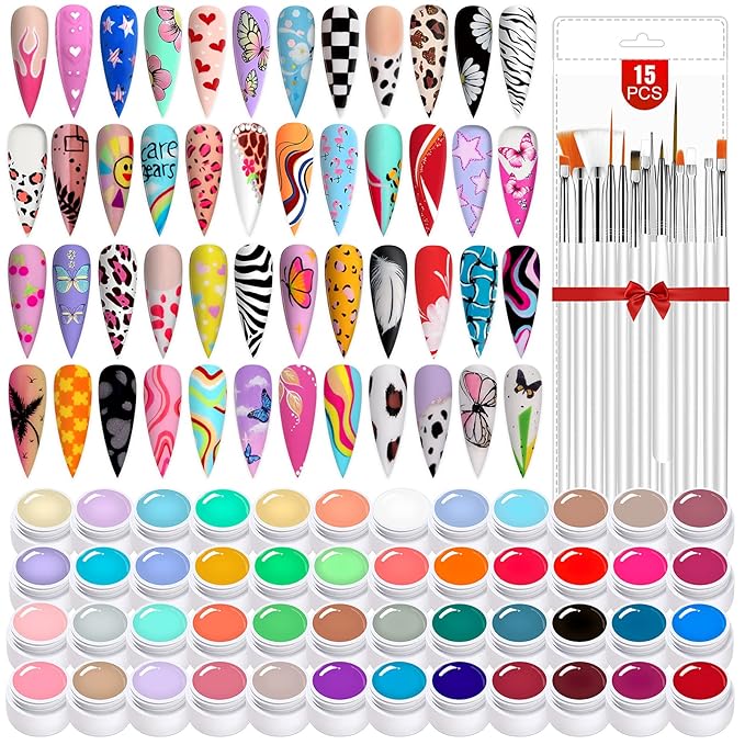 SAVILAND 48 Colors Gel Paint Kit: Solid Nail Art Painting Gel Polish Set with 15pcs Nail Art Brushes for Drawing Painting Home DIY Salon Manicure Supplies Christmas Gift for Women