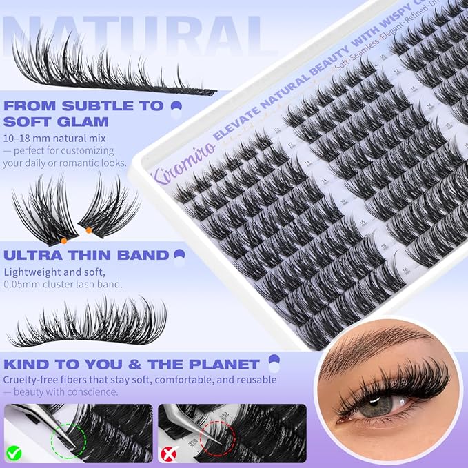 Kiromiro Wispy Lash Clusters Natural Cluster Eyelash Extensions 10-18mm DIY Cluster Lashes C Curl Individual Lashes 144pcs Eyelash Clusters Thin Band Eyelashes Clusters