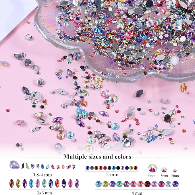 5 Boxes Shiny Colorful Nail Art Rhinestones Kit 3D Flatback Horse Eye Rhinestones Irregular Nail Stone and 4 Sheets Flower Nail Stickers with a Curved Tweezers and a Nail Brush (Multicolor)