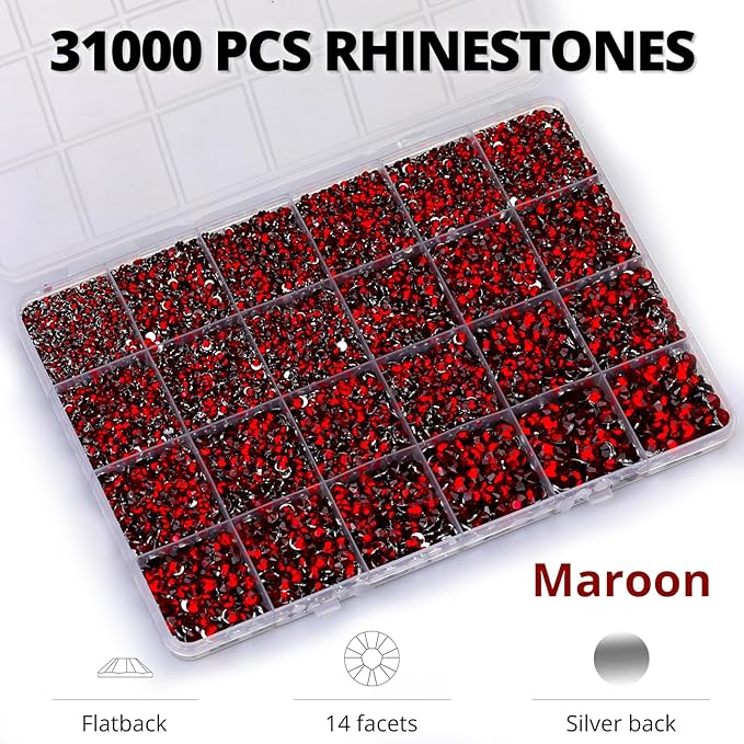 33000Pcs Burgundy Rhinestones for Bedazzling, Bedazzler Kit with Flatback Craft Rhinestones Maroon Dark Red Dark Siam Bulk and B7000 Glue, 2,3,4,5,6mm Resin Flat Back Crystals for Craftings, Nails