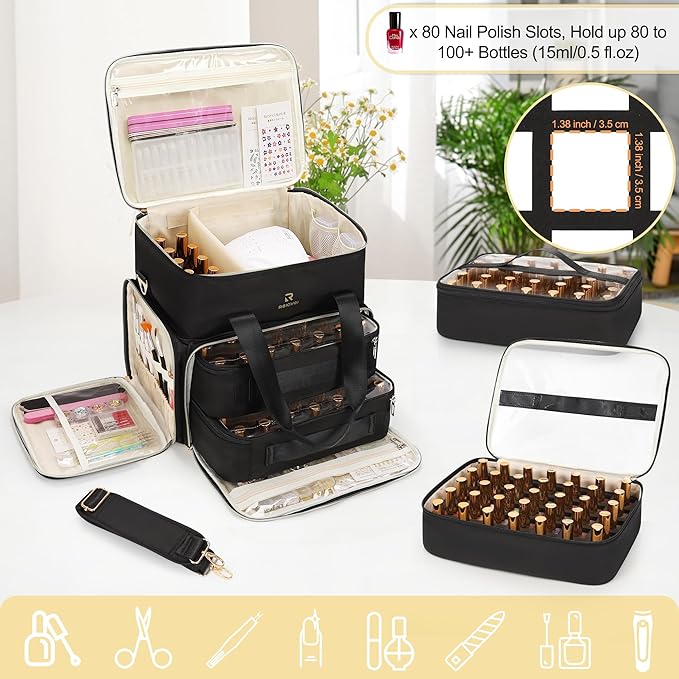 Relavel Nail Polish Organizer, Double Layer Nail Bag Holds 80-100 Bottles (15ml/0.5fl.oz) & Nail Lamp Nail Kit Storage Case, Extra Large Travel Nail Supplies Shoulder Bag for Manicure Tools (Black)