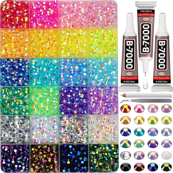 4000Pcs Rhinestones for Bedazzling, 6mm Bedazzler Kit with Flatback Rhinestones for Clothes Crafting Crafts Nails Clothing, Flat Back Resin Rainbow Colorful Colored Crystal with B 7000 Glue Clear