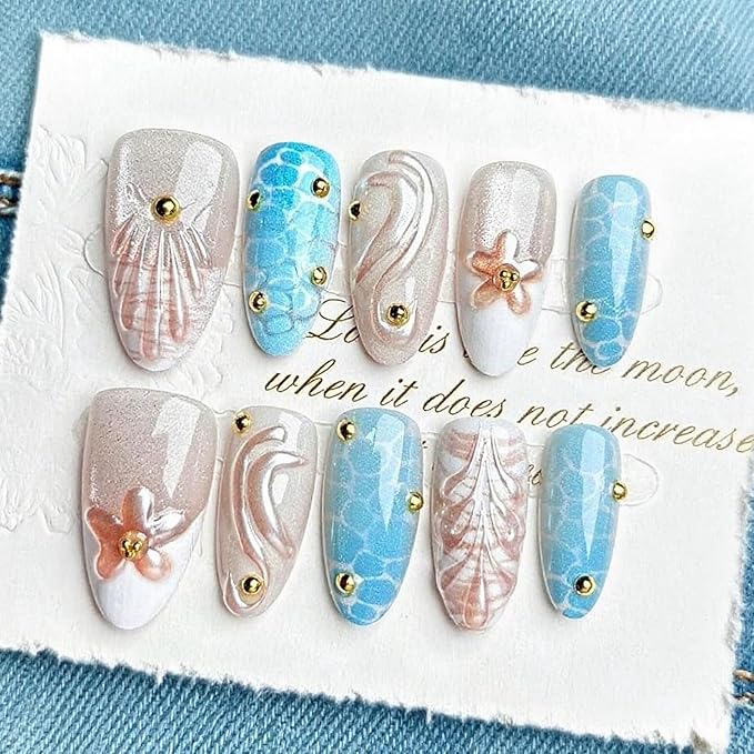 30Pcs Handmade Press on Nails Medium Almond Fake Nails 3D Gold Beads Stick on Nail French Tip Ocean False Nails with Shell Water Ripples Designs Reusable Full Cover Acrylic Nail for Women
