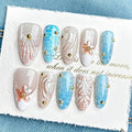 30Pcs Handmade Press on Nails Medium Almond Fake Nails 3D Gold Beads Stick on Nail French Tip Ocean False Nails with Shell Water Ripples Designs Reusable Full Cover Acrylic Nail for Women
