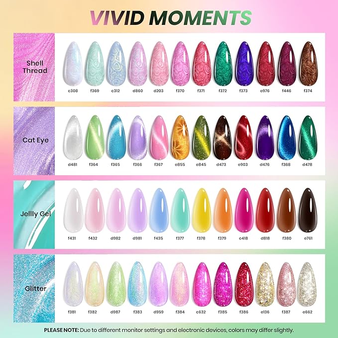 Beetles Spring Gel Nail Polish Set - 53 Pcs 48 Colors Cat Eye Gel Nail Polish Pink Jelly Nude Red Green Blue Glitter Shell Shread Salon DIY Home UV LED Easter Gifts for Women Vivid Moments