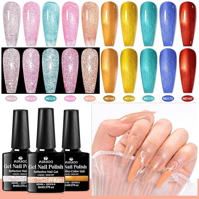 12Pcs Reflective Glitter Gel Nail Polish + Metallic Gel Nail Polish Set Gel Nail Art Manicure Kit 10 Colors