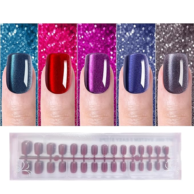 Press on Nails Short Square, OPkssnails 150pcs Glittering Cat Eye Soft Gel Nail Tips, Reusable & Natural Acrylic False Nails for Women and Girls Stick on Nails in 15 Sizes