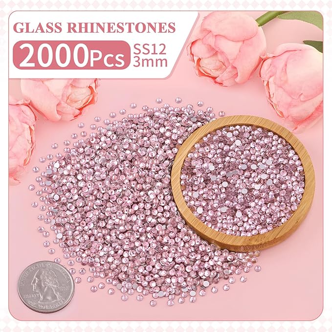 2000PCS SS12/3mm Crystal Rhinestones (Light Pink) with 2Pcs 10ml B7000 Jewelry Glue, Bedazzling Flatback Glass Rhinestones for Crafting, Gems Diomand Charms for Tumbler Shoes Clothing Mugs Nail Art