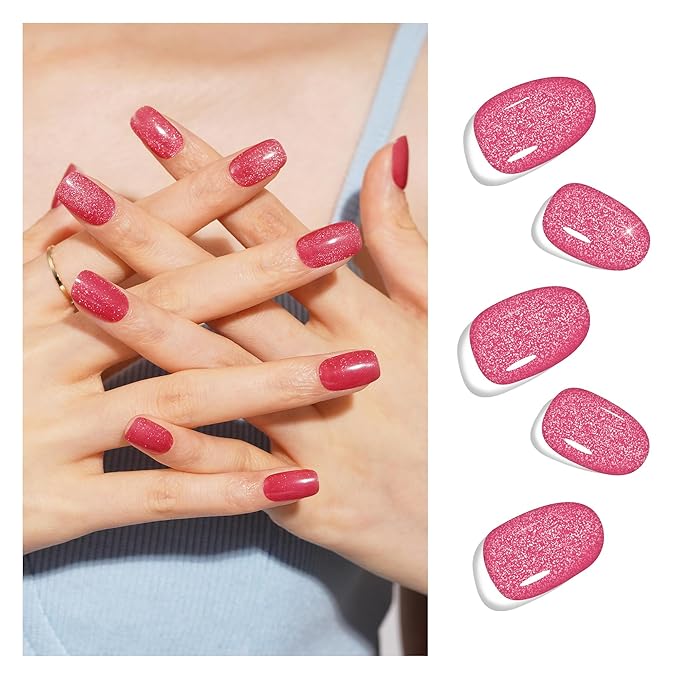 DANNI & TONI Semi Cured Gel Nail Strips Strawberry Red (Crimson Glare) Cat Eye Gel Nail Stickers 28 Stickers