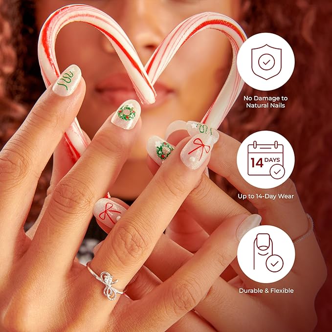 KISS Voguish Fantasy Holiday Press On Nails, ‘Snow Pops’, Multicolor, Short Squoval, No Damage To Natural Nails, Pink Gel Nail Glue (2g), Mini Nail File, Manicure Stick, & 28 Fake Nails