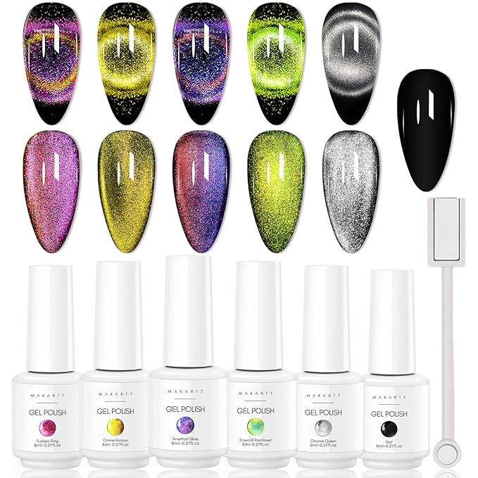 Makartt 9D Magnetic Cat Eye Gel Nail Polish Set, 6 Colors (Yellow, Purple, Silver, Rose Red, Green, Black Hole Effect) with Magnet Stick, 8ml – Soak Off DIY Manicure & Nail Art Supplies