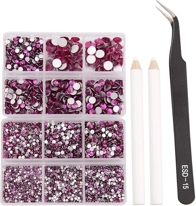 NCB 8000pcs Non Hotfix Rhinestones 10 Sizes Flatback Crystal Glass Rhinestones with Tweezers and Picking Pen for Nail Art Clothes Bags Phone Decorations Crafts DIY (025 Fuchsia Mix SS3-SS30)