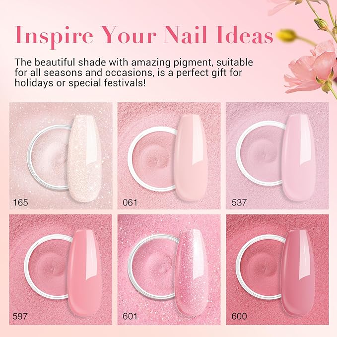 AZUREBEAUTY Pink Dip Powder Nail Set, All Season 6 Colors Nude Pink Glitter Cherry Blossom Shades Dipping Powder Nail Starter Kit French Art Manicure DIY Gifts for Women, No Need Nail Lamp Cured