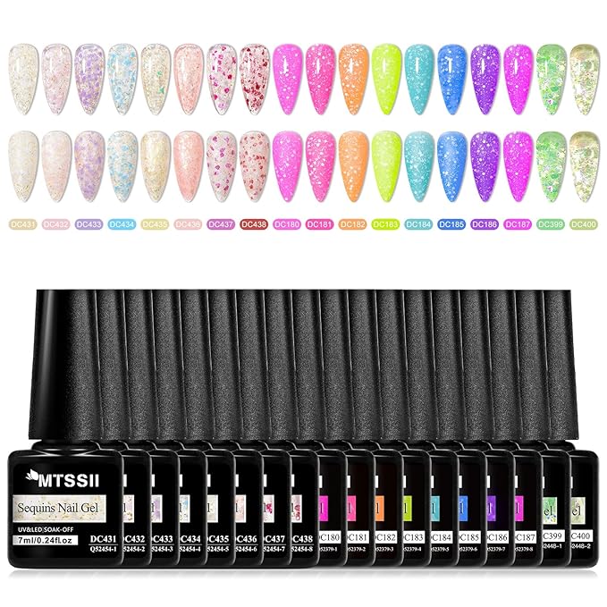MTSSII 18PCS Gel Nail Polish Set Reflective glitter gel polish Sakura Glitter Fluorescent Color Snowflake Gel Polish Kit - UV LED Nail Art DIY Gifts for Women