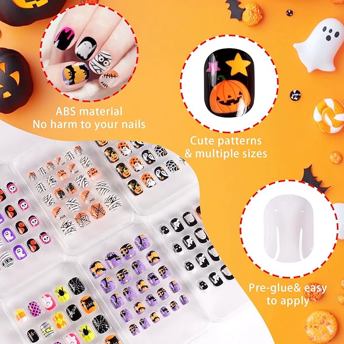 SIUSIO 6 Pack Press on Nails kids Children Acrylic Fake Nails Cute Pre-glue Full Cover Gradient Color Rainbow Short Stick On False Nail Art Kits Set for Kids Little Girls - Halloween Ghost