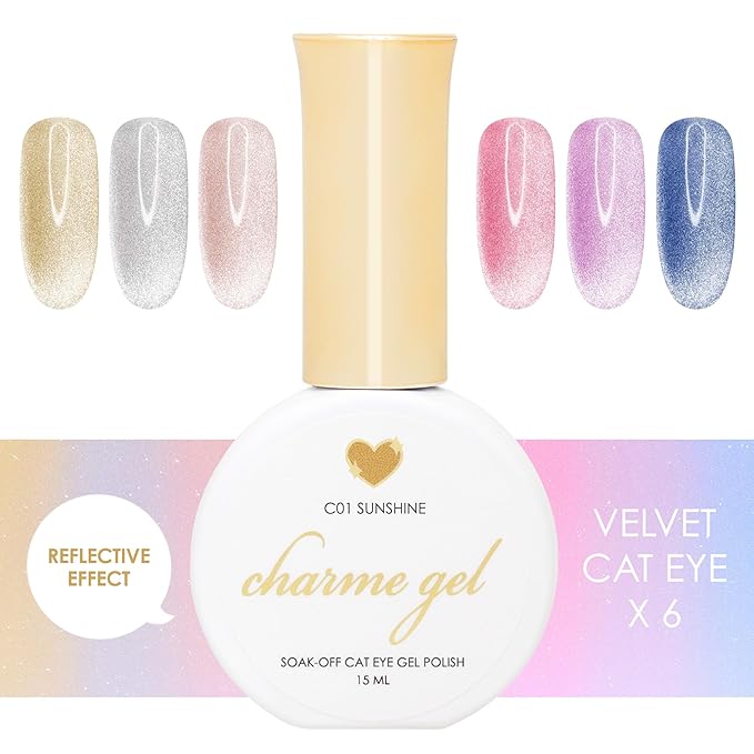 Daily Charme Original Velvet Cat Eye Magnetic Gel Nail Polish / (6 colors) w/ 4pcs Magnet Set, Soak Off UV Led Gel Nail Polish Se, Home DIY/Nail Salon Manicure (15 ml/Bottle)