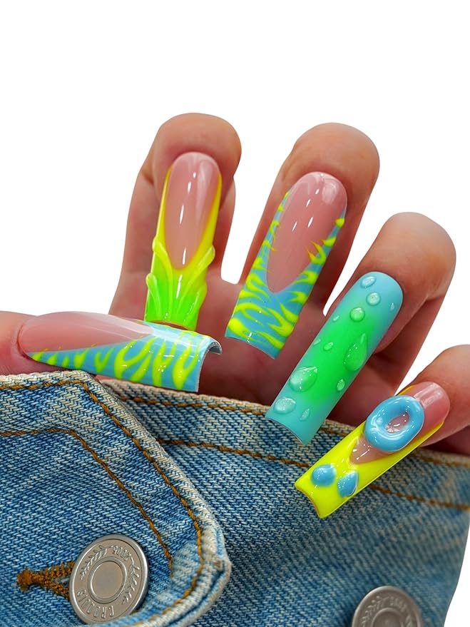 10PCS Neon Green and Blue Press On Nails – Long Coffin Fake Nails with Abstract Swirl Design, 3D Bubble Drops & Retro Y2K Charms, Reusable Trendy Nails for Women and Girls – Euphrosyne