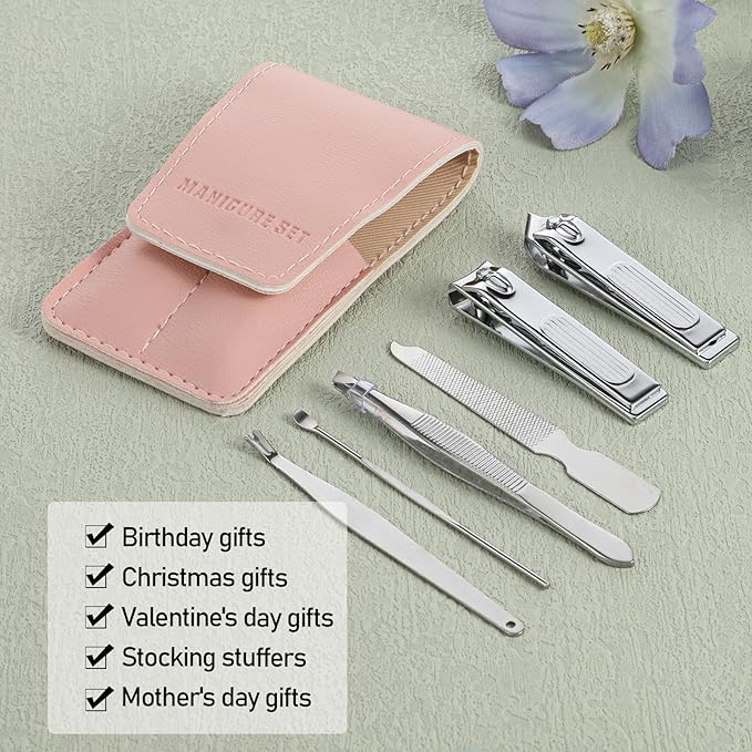 Nail Clipper Set Travel Manicure Kit for Women, 6 Pcs Stainless Steel Nail Kit with Storage Bag Includes Nails Clippers, Nails File, Eyebrow Tweezers, Ear Pick, Christmas Gifts for Women (Pink)