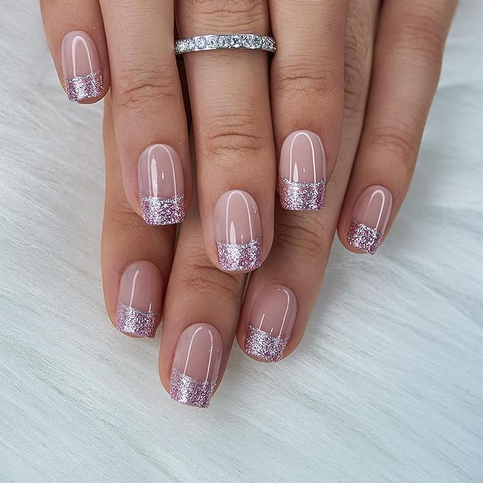 CurvLife Press On Nails Short Square – 30Pcs Nude Pink French Tip Fake Nails, Soft Gel Glitter Press On Nails with Silver & Pink Tips, Glossy Glue On Nails Stick On Nail Tips for Women & Girls