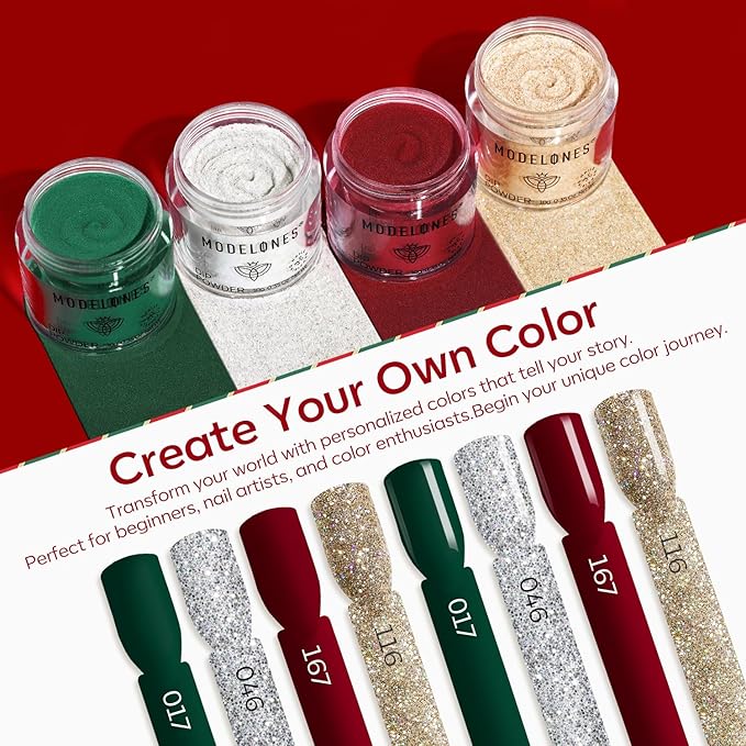Modelones Christmas Dip Powder Nail Kit, 4 Colors Red Green Gold Glitter Dipping Starter Set with Liquid and Accessories for French Nails Art Salon DIY at Home Manicure