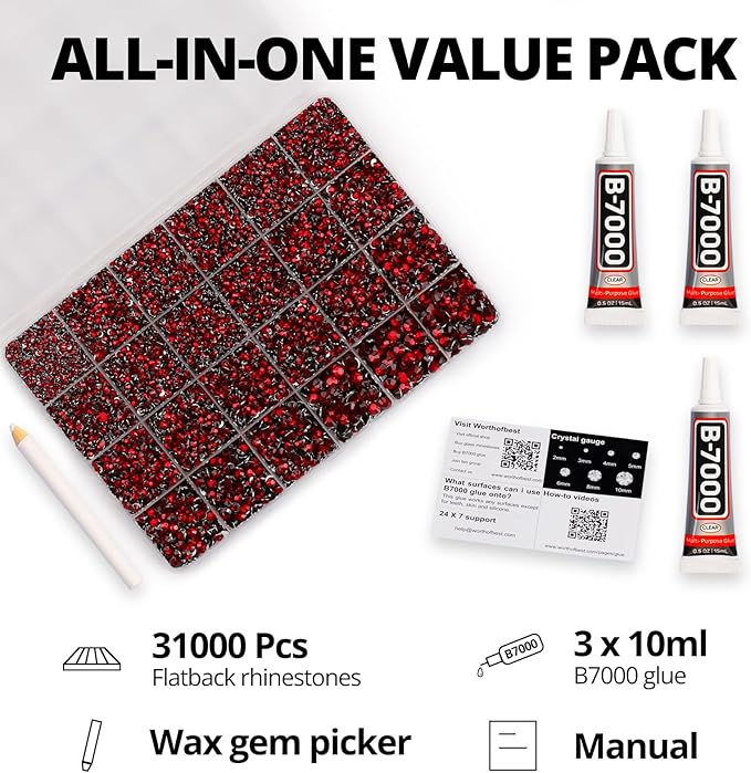 31000Pcs Burgundy Resin Rhinestones for Bedazzling, 2-6mm Mixed Sizes Red Garnet Crystals, Flatback Maroon Rhinestones, Dark Red Gems Jewels Diamonds Gemstones Stones for Crafting Clothes Crafts